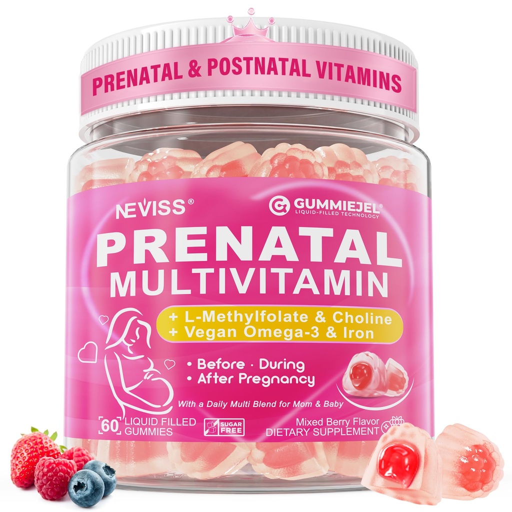 Kadınlar için Prenatal Vitaminler Çokvitamin Gummies w / Metilfolate 1mg, Choline Omega-3 (DHA +EPA) Demir, Kadın Beslemesi Için Postnatal Vitaminler | Daha Önce,During & After Gebelik,Sugar Free,Vegan,60Cts