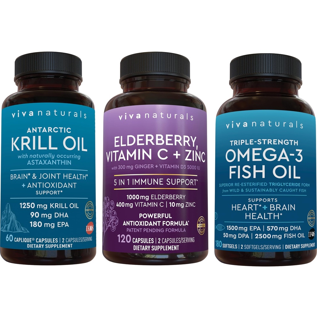 1250 mg Antarktika Krill Oil, Elderberry Vitamin C & çinko ve 2.500 mg Triple-Strength Omega 3 Fish Oil Sche,Providing Omega 3 EPA and DHA, Elderberry for Immune Support