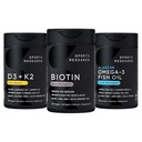 Sports Research® Healthy Hair Pack - Biotin 5,000mcg with Organic Coconut Oil + Vegan Vitamin D 5000iu & Mk7 Vitamin K 100mcg + Omega-3 Fish Oil 1250