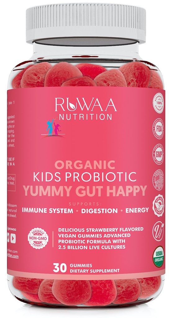 RUWAA NUTRITION Kids Organic Probiotic Gummies for Digestive Health, Immune Support, Constipation, Bloating. 2.5 Billion CFU, Strawberry Flavor, Chewable Probiotics for Children Ages 4+, 30ct (1)
