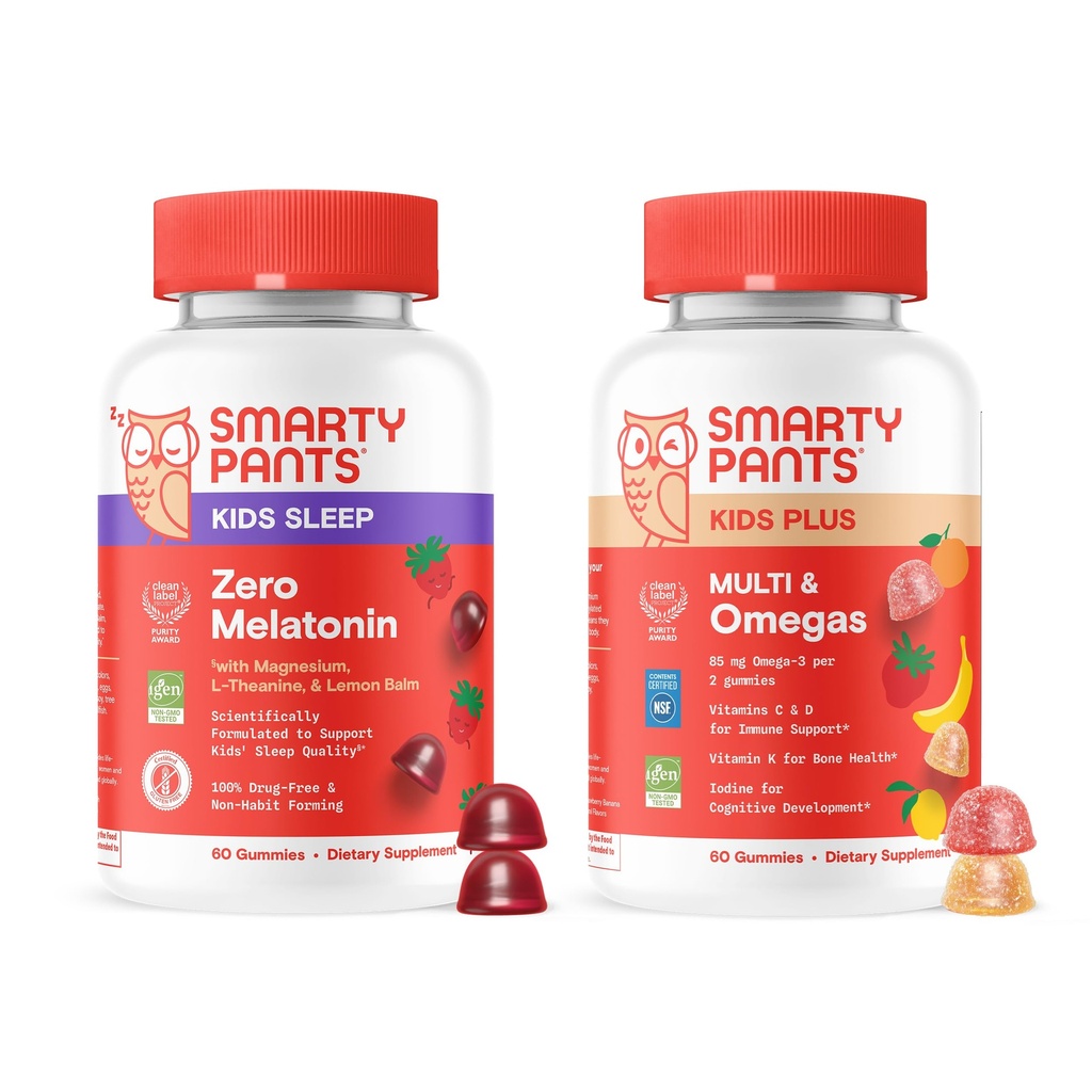 SmartyPants Kids Daily & Nighttime Wellness Sche: Multivitamin + Sleep Gummies with L-Theanine, Lemon Balm & Magnezyum – Drug-Free, Non-Habit Form, 60 Count (Pack of 2)