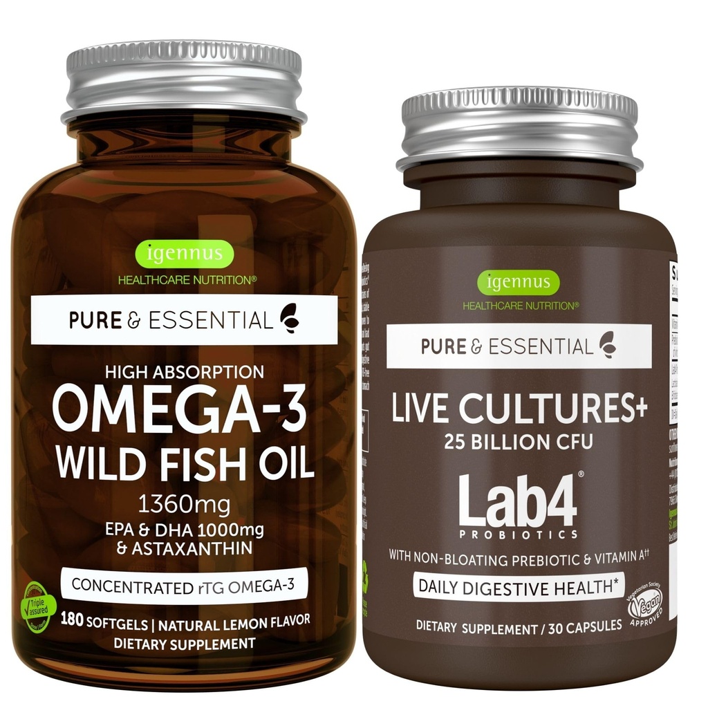 Pure & Essential High Abxia Omega-3 Wild Fish Oil 1360 mg + Live Cultures+ Lab4 Probiyotiks Sche, 1000 mg & DHA Astaxanthin + 25 Milyar CFU Lactobacillus Acidofilius & Bifidobacterium wi