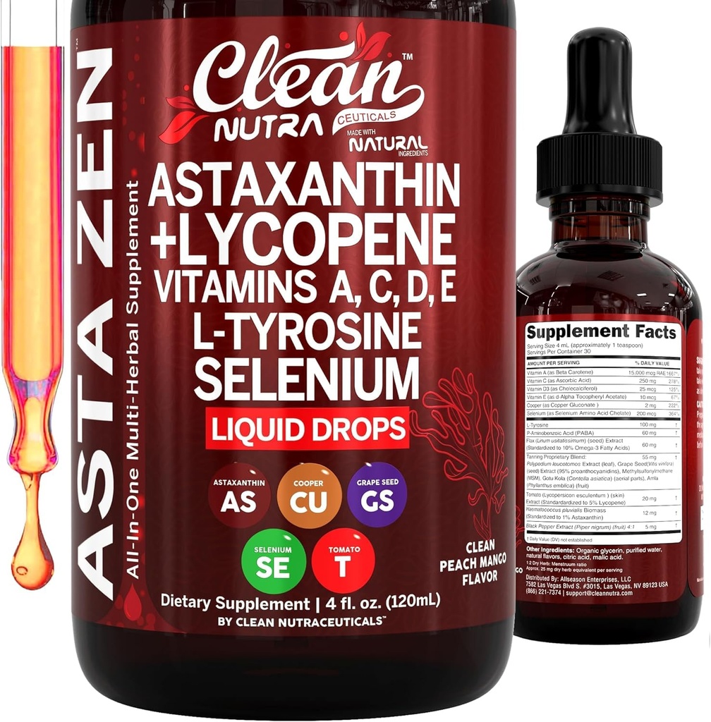 Temiz Nutra Astaxanthin Lycopene Sıvı Durağı A C D E 4 fl oz - Potent Natural D3 C E A & Selenium L-Tyrosine Formula Saf Antioksit