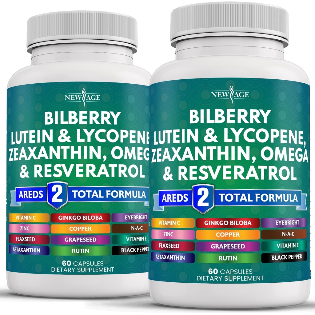 NEW AGE Eye Health Vitamins with Bilberry 300mg Lutein & Zeaxanthin 40mg Lycopene 40mg Resveratrol 100mg Grape Seed Extract 200mg Astaxanthin - Eye Vitamin -120 Count