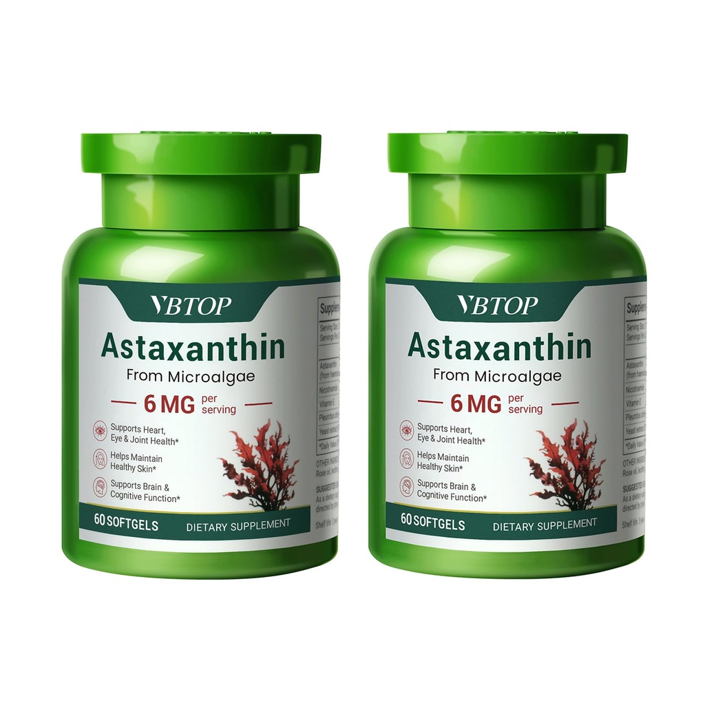 Şişeler Astaxanthin 6 mg, Premium Astaxanthin Supplement with Antioksi Activity, Supports Eye, Skin, Joint, and Immune System Health. Fresh Microalgae Source, Non-GMO, glutensiz - 120 yumuşakgels