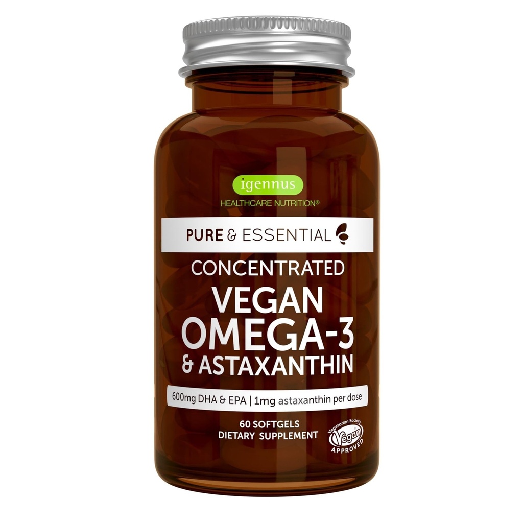 Igennus Vegan Omega-3 Natural Algae Oil, DHA & EPA, sertifikalı Pure, Plantive Fatty Acid Supplement, Astaxanthin Antioksi, 60 Küçük Softgels, günde 2 hizmet