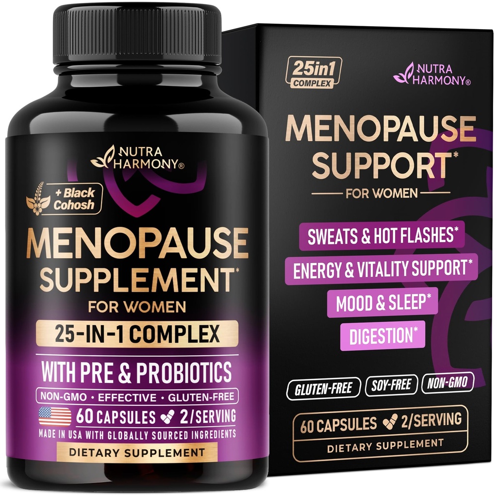 Kadınlar için Menopause Supplements - Dong Quai, Black Cohosh, Pre & Probiyotikler - Ters & Hot Flashes Relief - Digestion, Sleep & Mood Support - 25-in-1 Perimenopause Kompleks - ABD'de Yapılan 60 Capsules