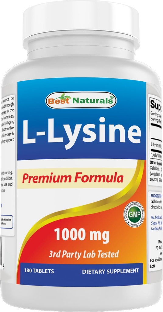 Best Naturals L-Lysine 1000mg 180 Tablets - Double Strength Lysine for stronger immune health & cold sores