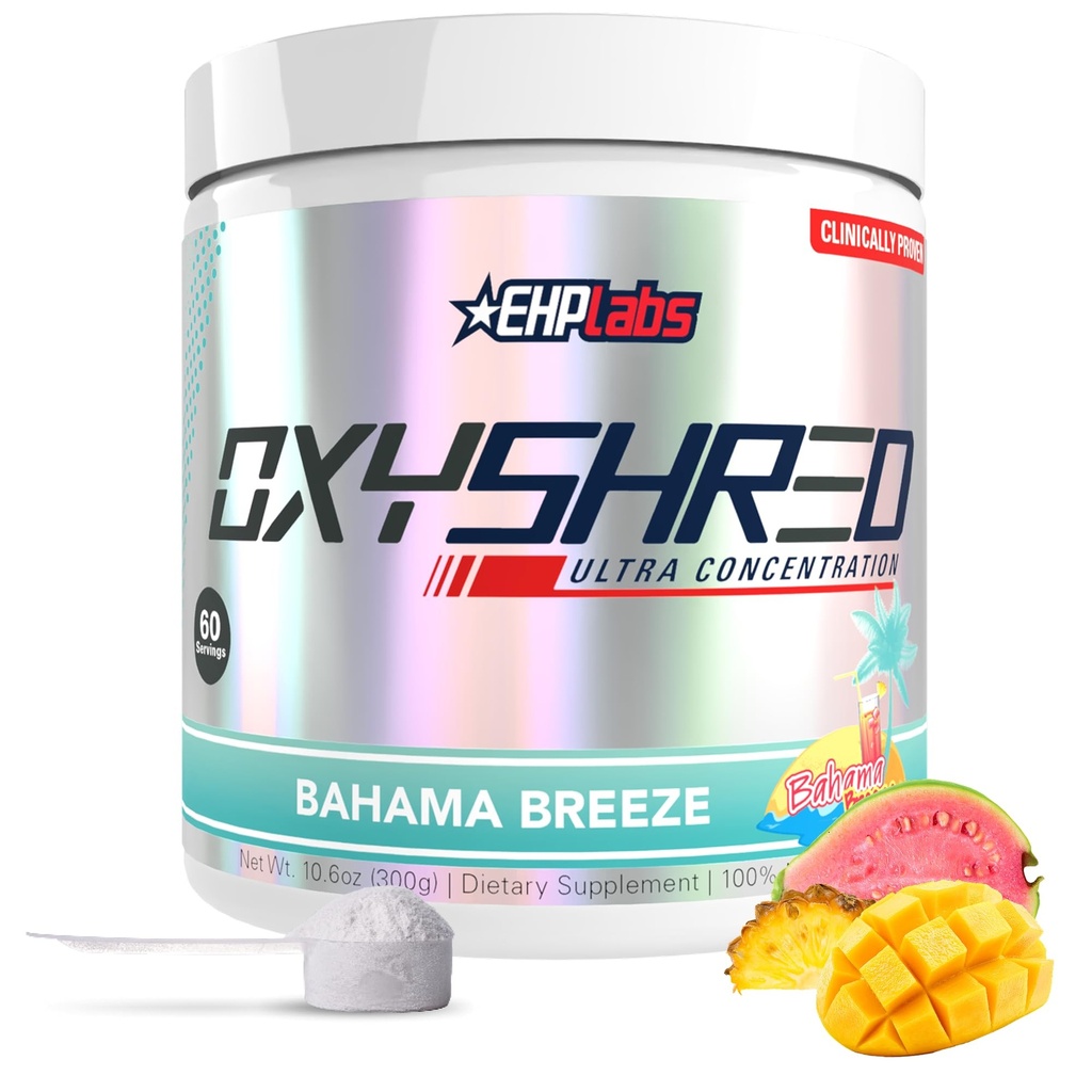 EHP Laboratuvarları OxyShred Pre Workout Toz - L Glutamine & Acetyl L Carnitine, Energy Boost Drink - Bahama Breeze/Beach, 60 Hizmetler