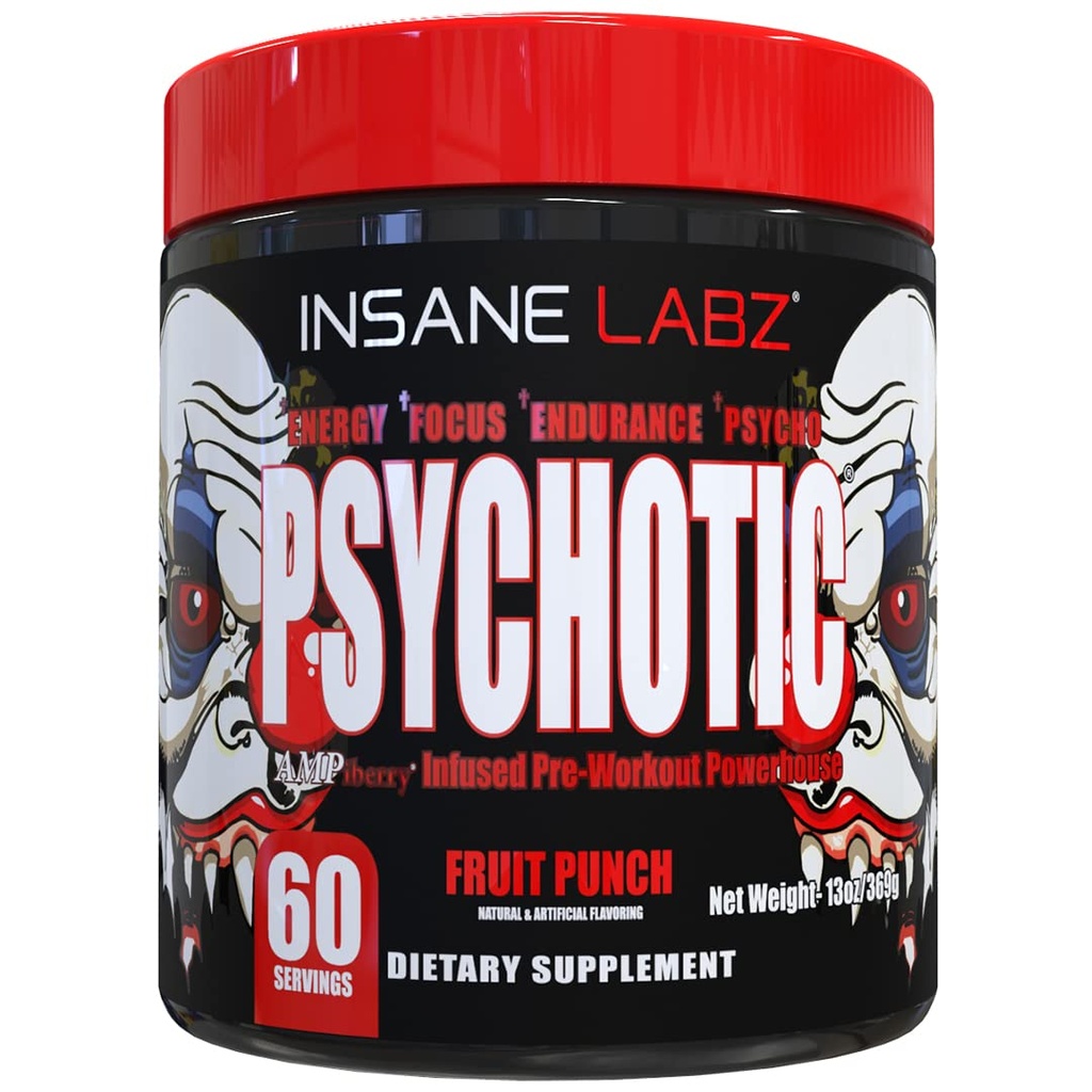 Insane Labz Psychotic, High Stimulant Pre Workout Toz, Extreme Lasting Energy, Focus and Endurance with Beta Alanine, Kretine Monohidrat, DMAE, 60 Srvgs, Punch Fruit