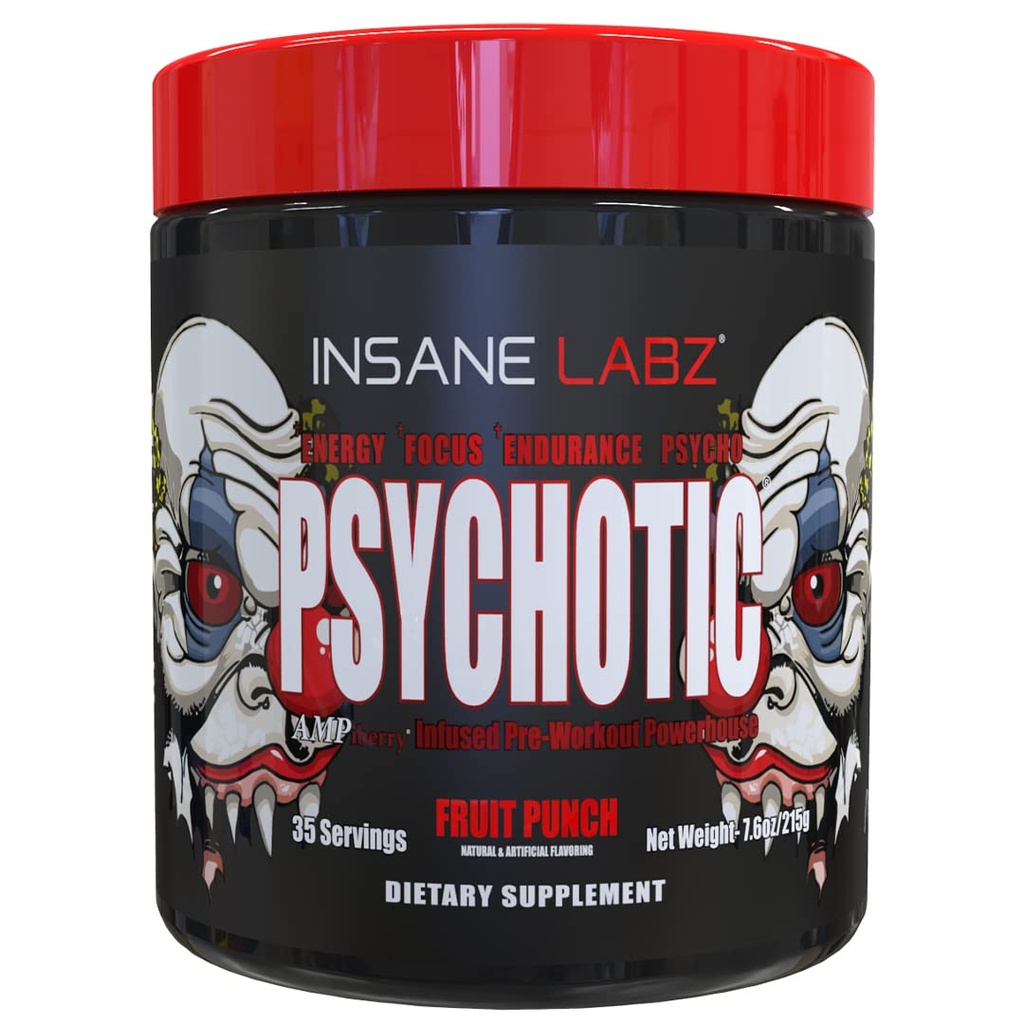 Insane Labz Psychotic, High Stimulant Pre Workout Toz, Extreme Lasting Energy, Focus and Endurance with Beta Alanine, Kretine Monohidrat DMAE, 35 Srvgs (Fruit Punch)