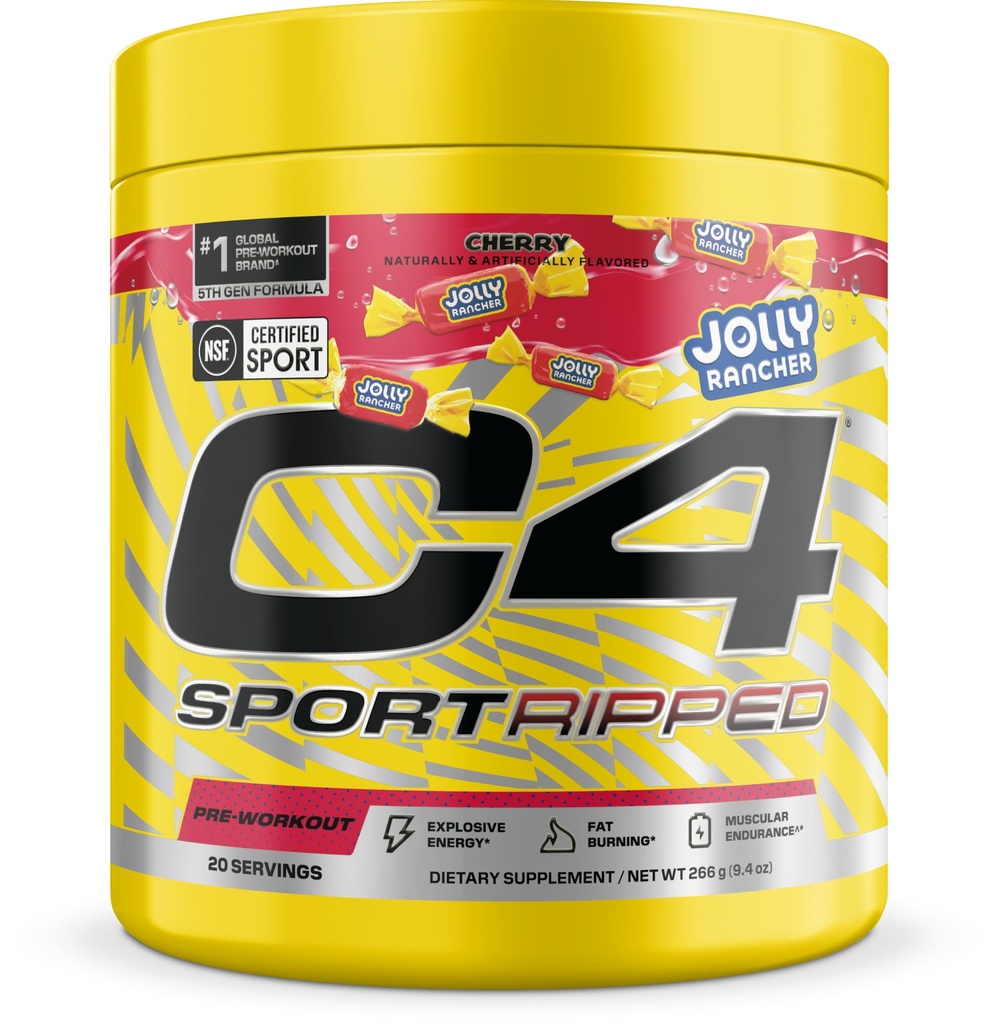 C4 Sport Ripped Pre Workout Toz - Jolly Rancher Cherry - NSF Spor için sertifikalı - Elite Hydration - 200 mg Caffeine + Kretine + Beta-Alanine - Elektrolytes ve Enerji - 20 Hizmetler