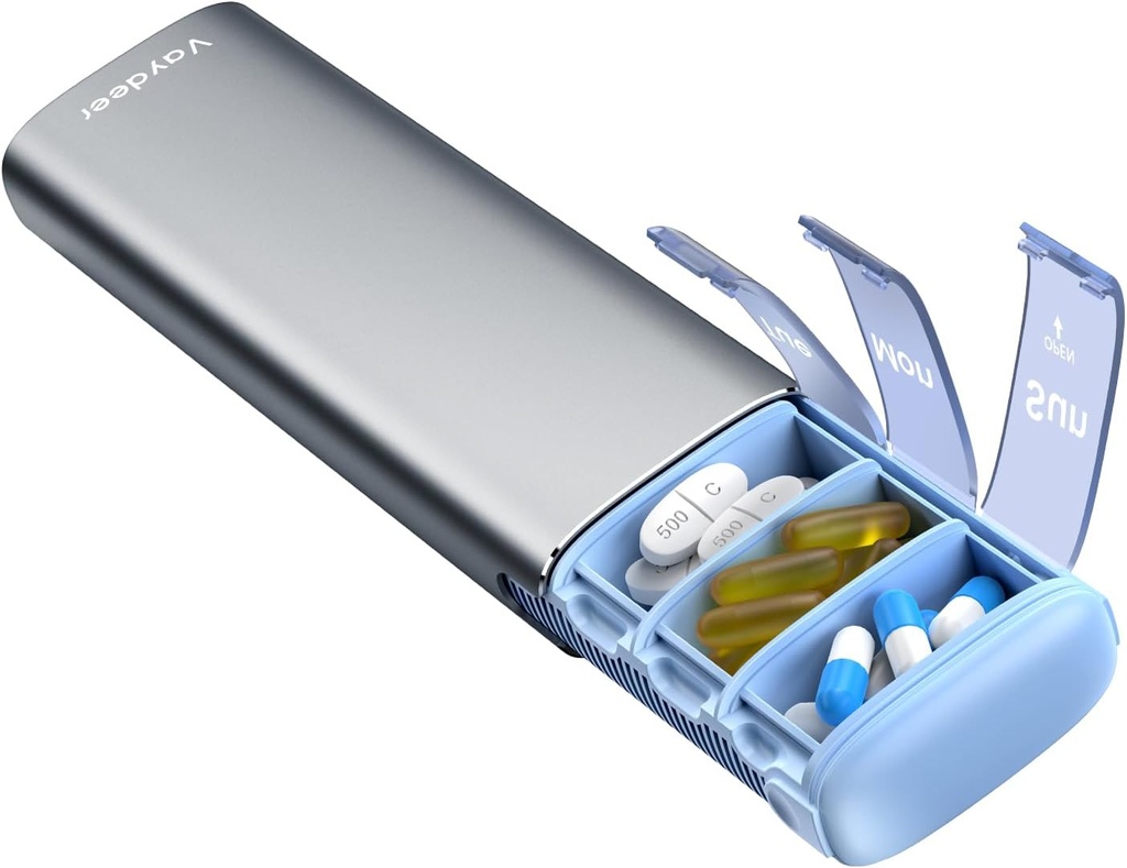Vaydeer Metal Seyahat Pill Organizer, 7 Günlük Pill Box, Büyük Kapasite Daily Cute Pill Case for Supplements, Pills, Vitaminler ve İlaçlar (Küçük,Gunmetal)