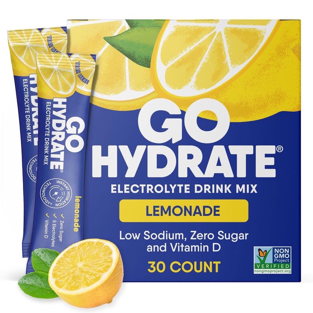 GoHydrate Low sodyum Electrolytes Toz Paketleri Sugar Free - Instant Hydration Daily Drink Mix - Zero Sugar Water Flavor Packet Singles with Vitamin D - (Lemonade, 30 Packs)