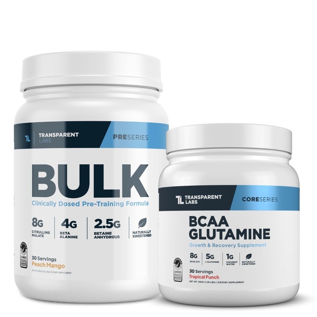 Mix Labs Bulk Pre-Workout (30 hizmet, Peach Mango) & BCAA Glutamine (30 hizmet, Tropikal Punch)