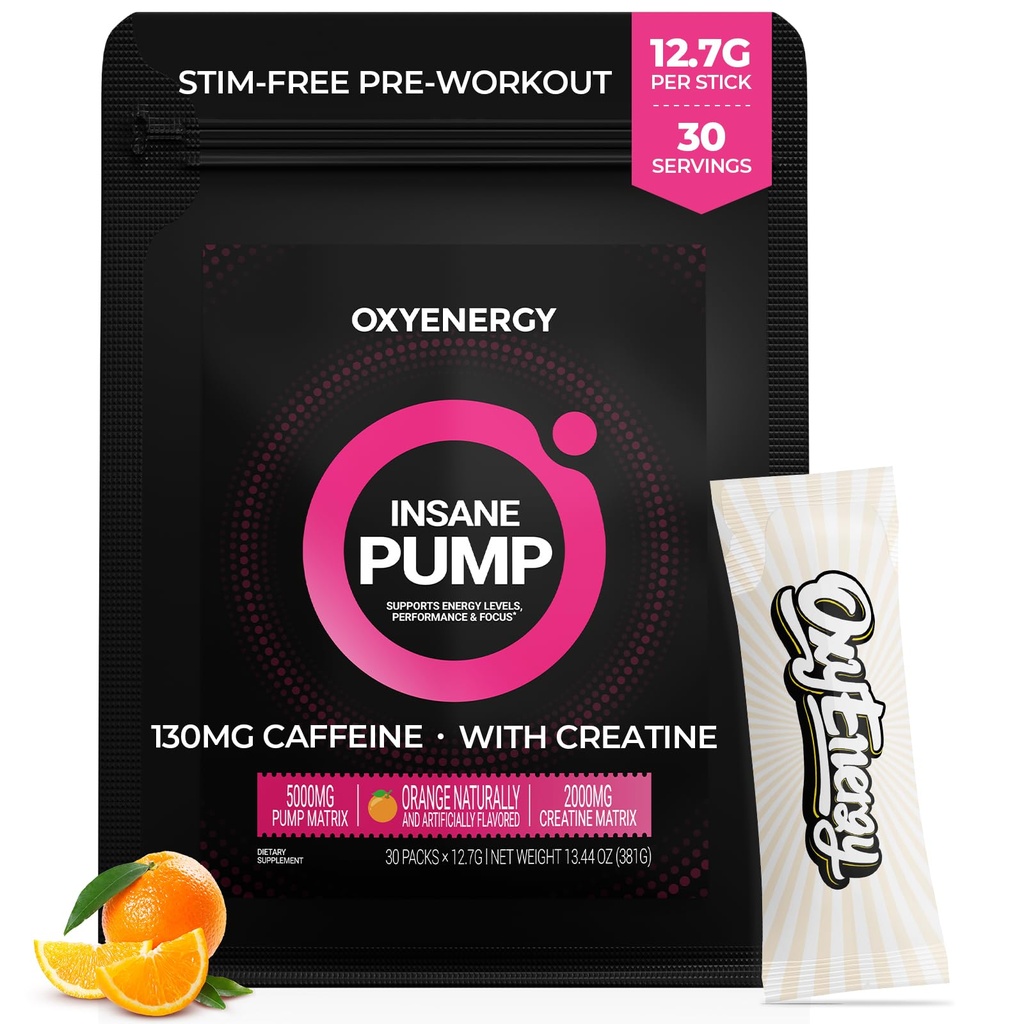 OxyEnergy Pre Workout Toz -Orange, No Stim 130mg Low Caffeine, On-Go Packets with Beta Alanine, Kretine Monohidrat & Taurine for Hassas Kullanıcılar için, Kadınlar, İşouts - 30 Hizmet