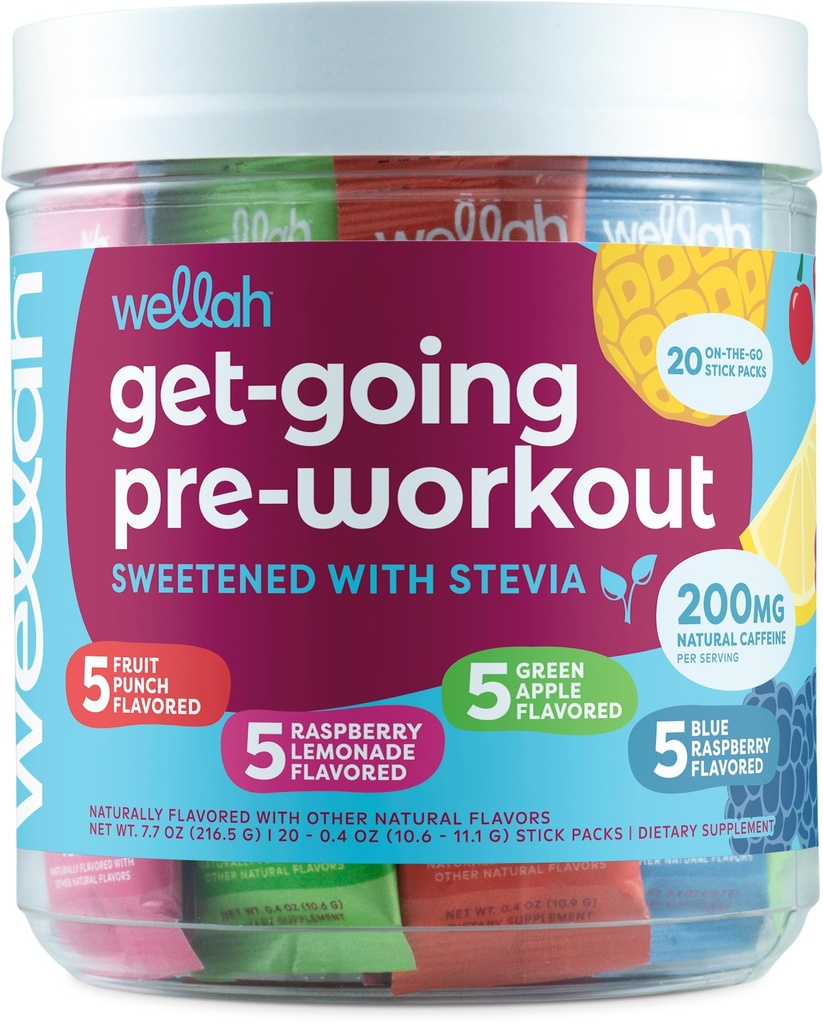 Wellah Get-Going Pre-Workout Diversity Pack (20 Stick Packs) - 200 mg Natural Caffeine, Stevia-Sweetized, Citrulline Malate ve L-Theanine, & 1000mg of Beta-Alanine