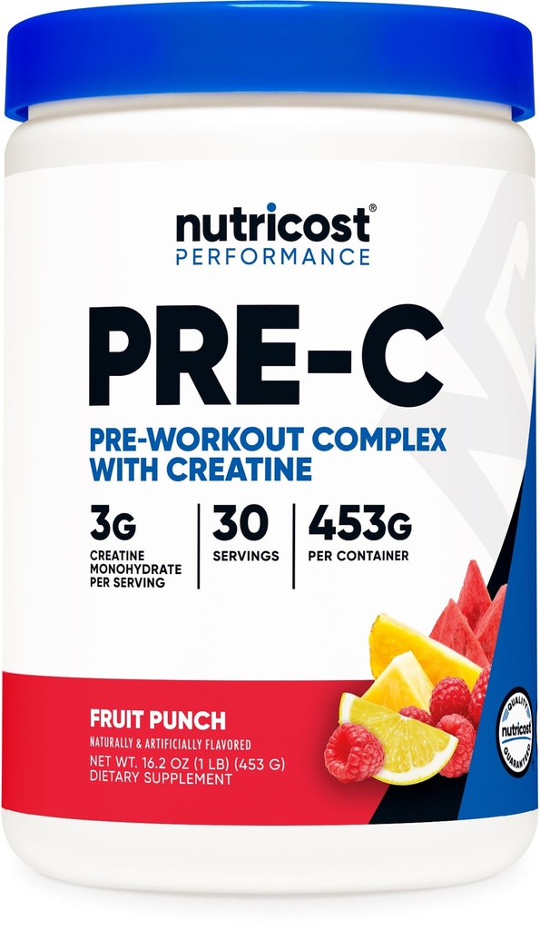 Nutricost Pre-C Pre-Workout Kompleks witht Tinaine (Fruit Punch | 30 Hizmet) Toz - Boost Fintess Routines, 453g