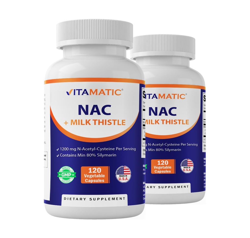 Vitamatic NAC Supplement N-Acetyl-L-Cysteine (NAC) ile Süt Butle 50:1 Ekstraksiyon - Destekler Immune, Respiratory, Liver Health, 1200 per Service, 120 Veg Capsules - 2 Pack