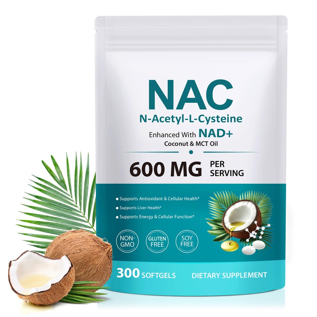AIQIUSHA NAC Supplement 600mg, N-Acetyl Cysteine Softgels with Coconut & MCT Oil, Daily Wellness Support, Non-GMO, Gluten Free, 300 Softgels