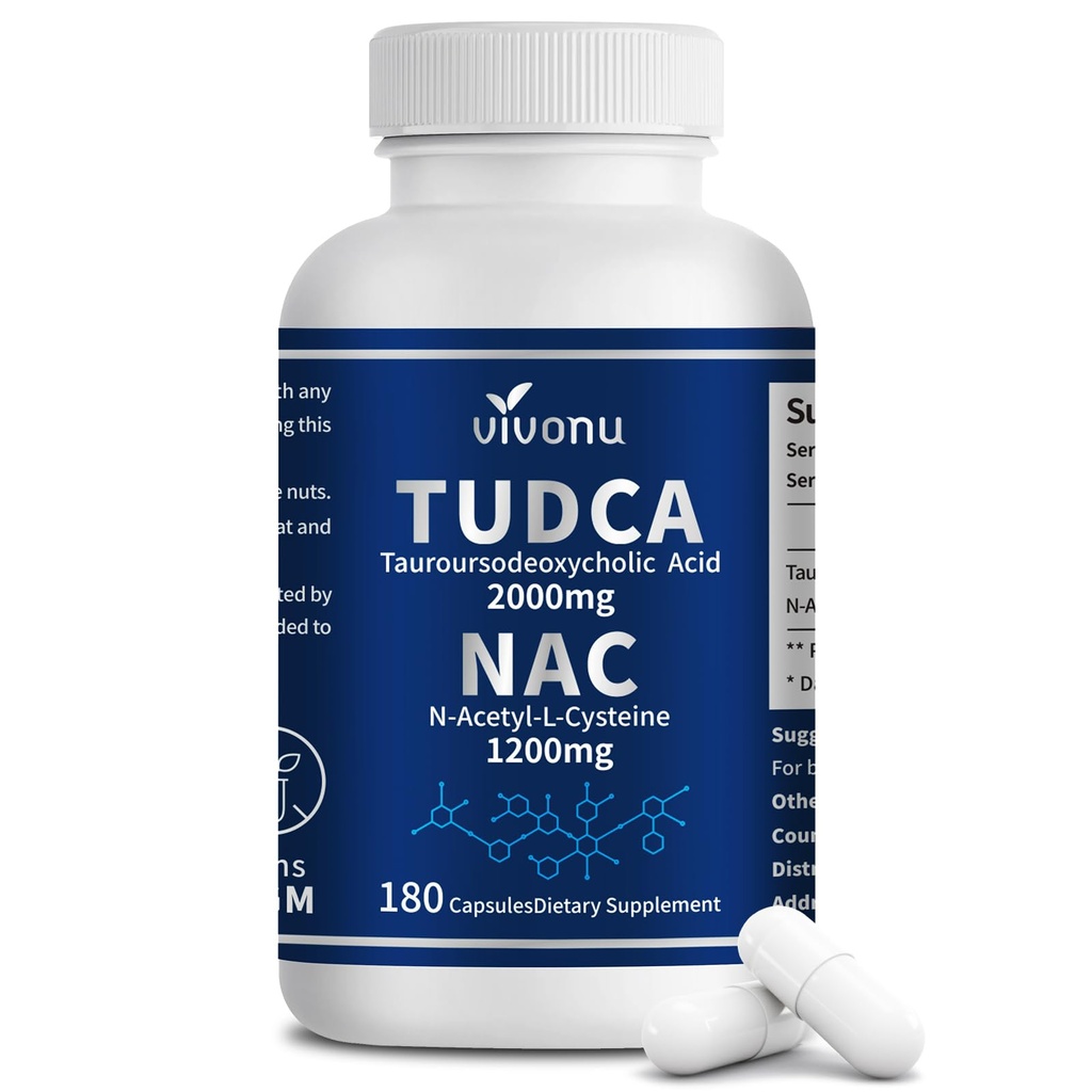 PHNu TUDCA 2000 mg + NAC 1200 mg Supplement Kompleks Capsules, Güçlü TUDCA Bile Salt + N Acetyl Cysteine, Liver & Lung & Gallbladder Cleanse, Digestion - 180 Capsules
