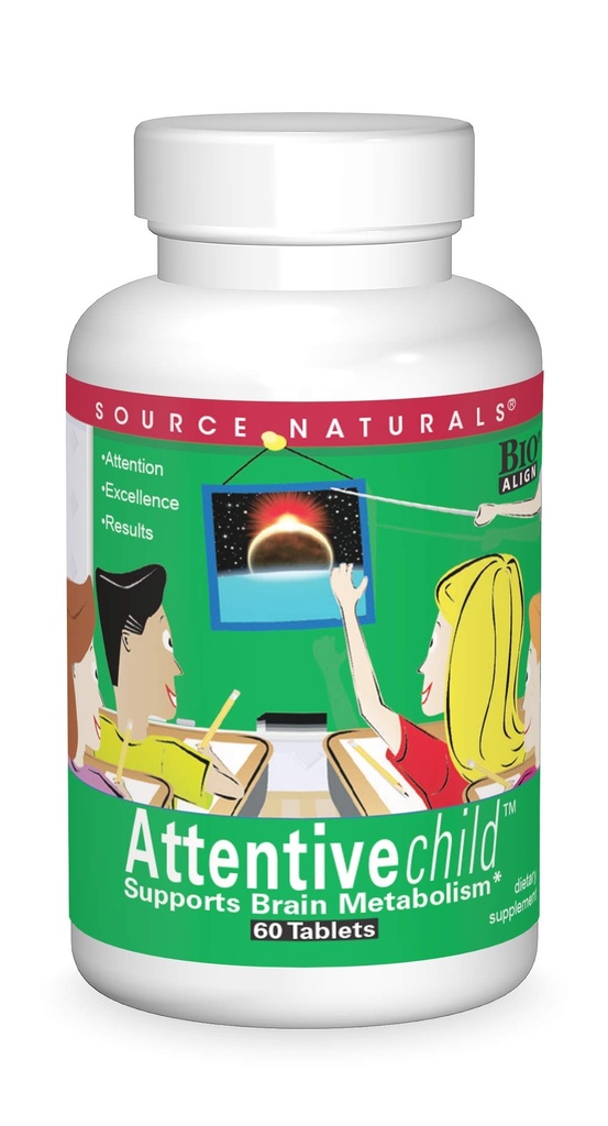 Source Naturals Attentive Child - Aktif Çocuklar için Sağlıklı Bilişsel Beslenmeler - DMAE, Magnezyum, çinko & Grape Tohum Takması - 60 Tabletler