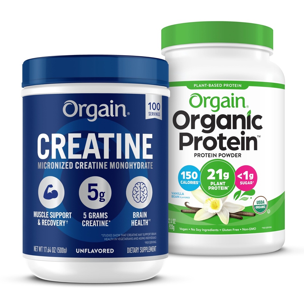 Ya da Geri Kretine Monohidrat Toz 17.64 Oz (100 Hizmet) & Organik Vegan Vanilla Bean Protein Toz 2.03 lb Paket - Bitki bazlı Protein ve Kas Destek