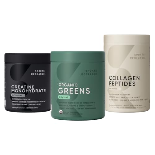 Sports Research® Organic Greens Superfood Powder w/Spirulina & Chlorella, Adaptogens, Enzymes, Probiotics & 8 VIT Bs & Creatine Monohydrate & Collagen Peptides for Women & Men, Unflavored
