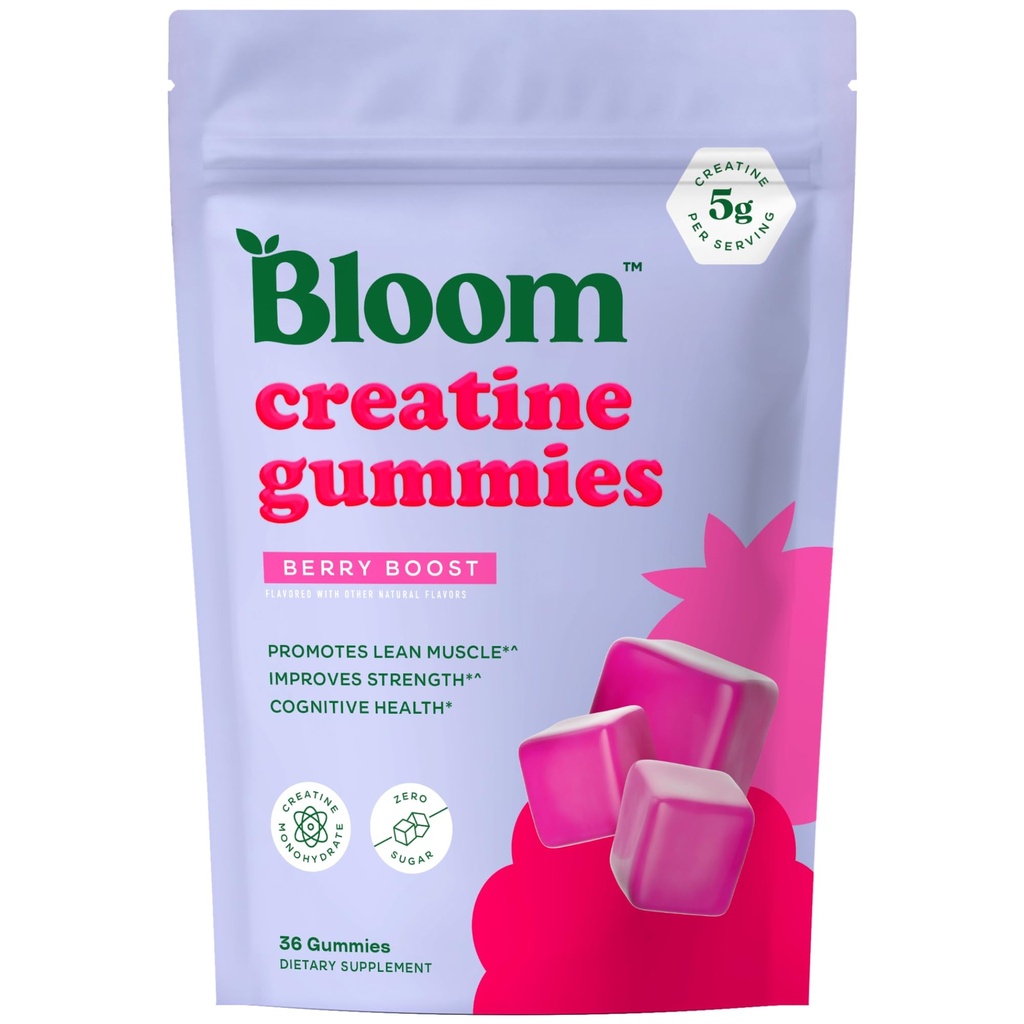 Bloom Kretine Monohidrat Gummies, 5g Per Servis, Sugar Freetine Gummy for Workout, Strength, Cognitive Health & Lean Muscle Support, Gluten Free & Non GMO, Berry Boost, 36 Gummies, 12 SVG