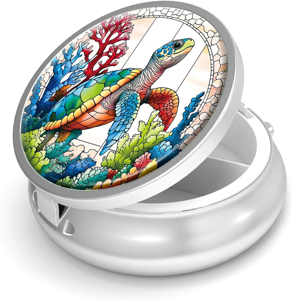 Pill Box-3 Karşılaştırma Küçük Pill Case for Purse & Pocket Mini Metal Pill Holder Travel Pill Container to Hold Supplements Antivirus-Free (Sea Turtle)