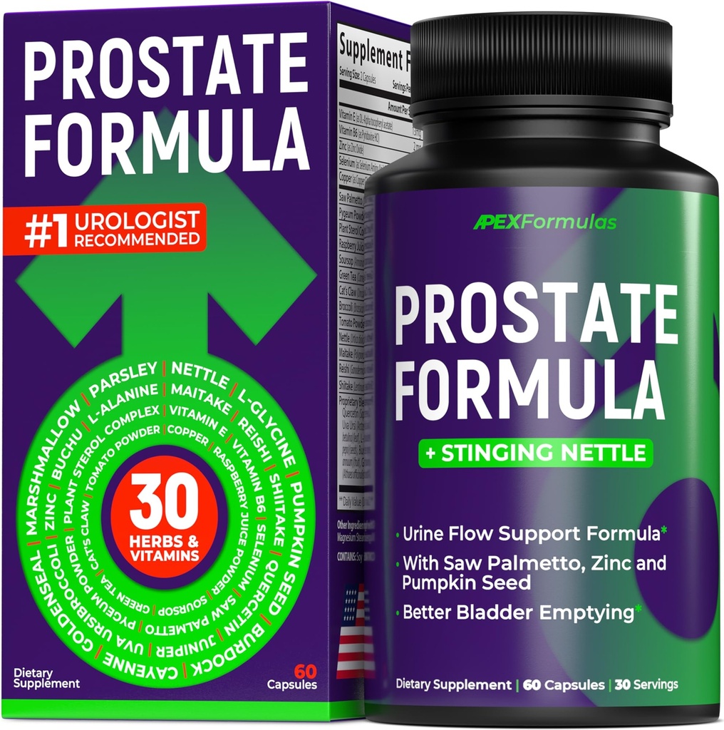 Prostate Health Supplements for Men with Stinging Nettle - Urinary Tract Health & DHT Blocker for Hair Growth - Pumpkin Seed, Saw Palmetto, Pygeum, Lycopene - Mens Multivitamins with Zinc - 60 caps
