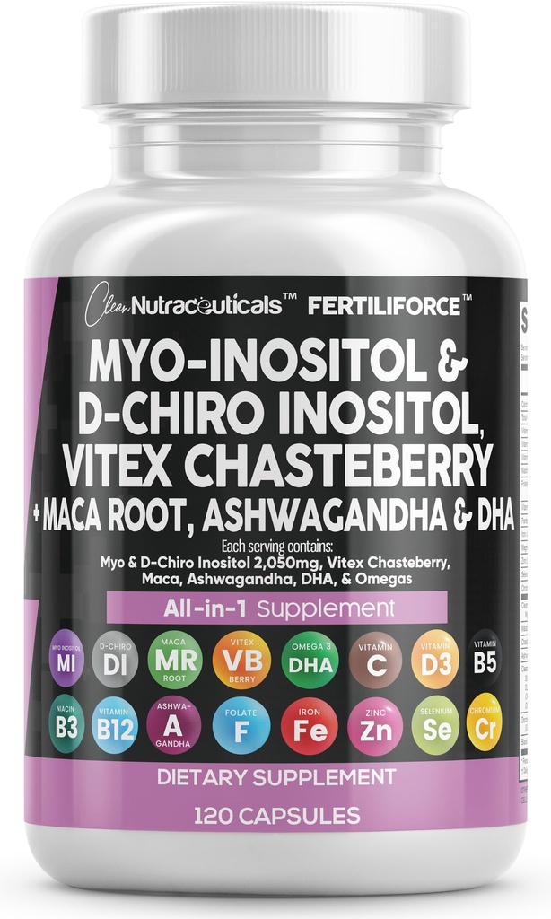 Clean Nutraceuticals Myo-Inositol & D-Chiro Inositol 2050mg Fertility Supplement 40:1 Ratio - Prenatal Vitamins for Women with Ashwagandha Maca Root Vitex Chasteberry Iron DHA Folic Acid DIM Zinc (1)