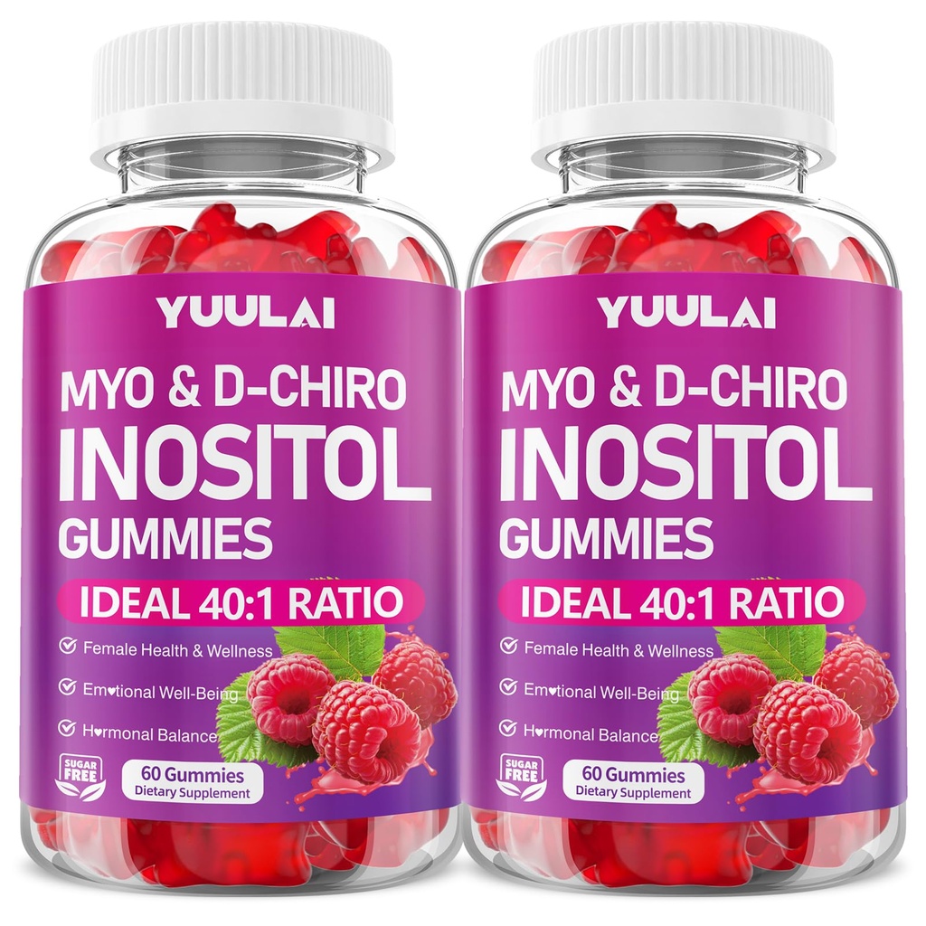 Pack of 2 Myo-Inositol & D-Chiro Inositol Gummies, 40:1 Ratio Inositol Supplement with Vitamin D3, Magnesium Glycinate, Folate & Zinc, for Female Health & Wellness, Raspberry Flavor, 120 Count