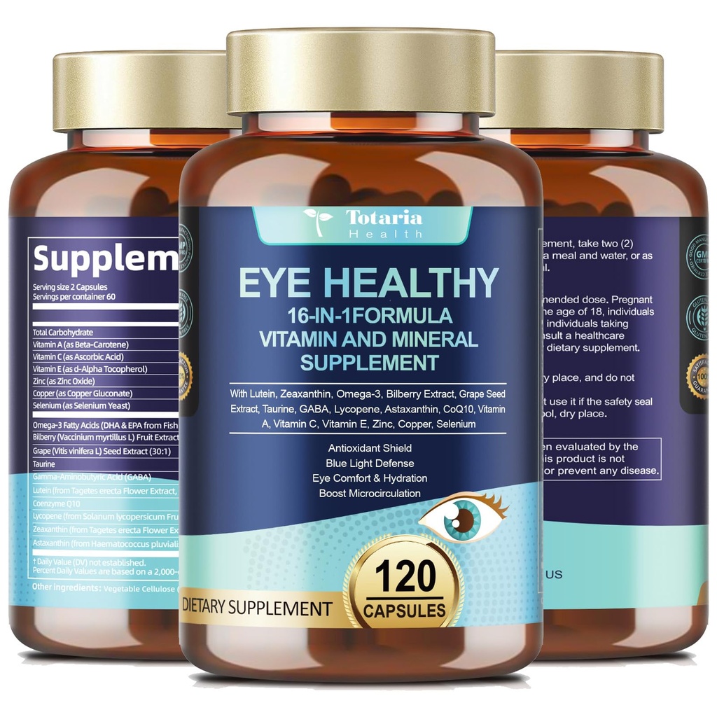 AREDS 2 Göz Vitaminleri ve Mineral Bilberry Extract Omega-3, Seniors Macular Health ve Kuru Eye için Göz Vitamini, Eyes Lutein ve Zeaxanthin Support Eye Strain & Hydration (120 Capsules)