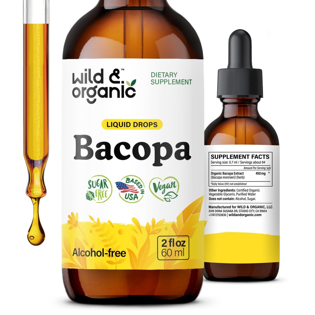 Wild & Organic Bacopa Tincture - Destekler Calm, Focus, Clarity - Bacopa Monnieri Supplement Liquid - Brahmi Extract - Vegan, Sugar-Free - 2Month Supply - 2 fl oz