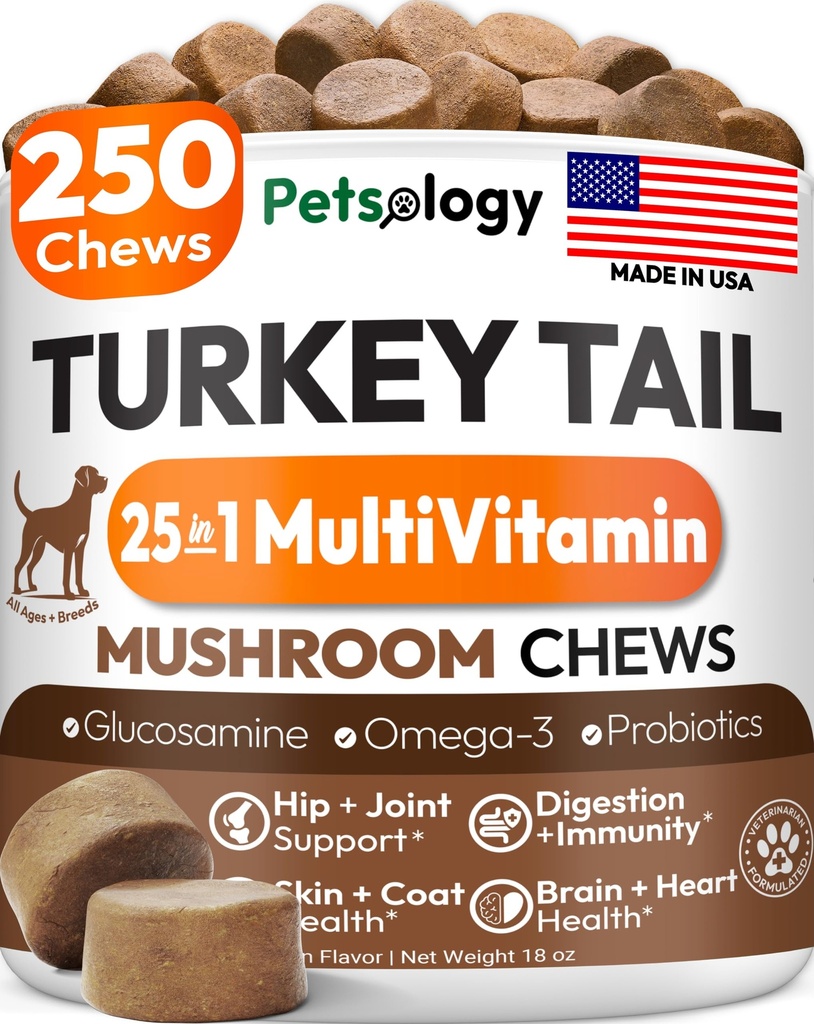 Turkey Tail Mushroom for Dogs - 250 Chews - Lion’s Mane - Shiitake - Reishi - Buddy Immune Support Guard - Lipoma Mushroom Supplement for Dogs Lumps and Bumps Glucosamine, Health Vitamins Multivitamin