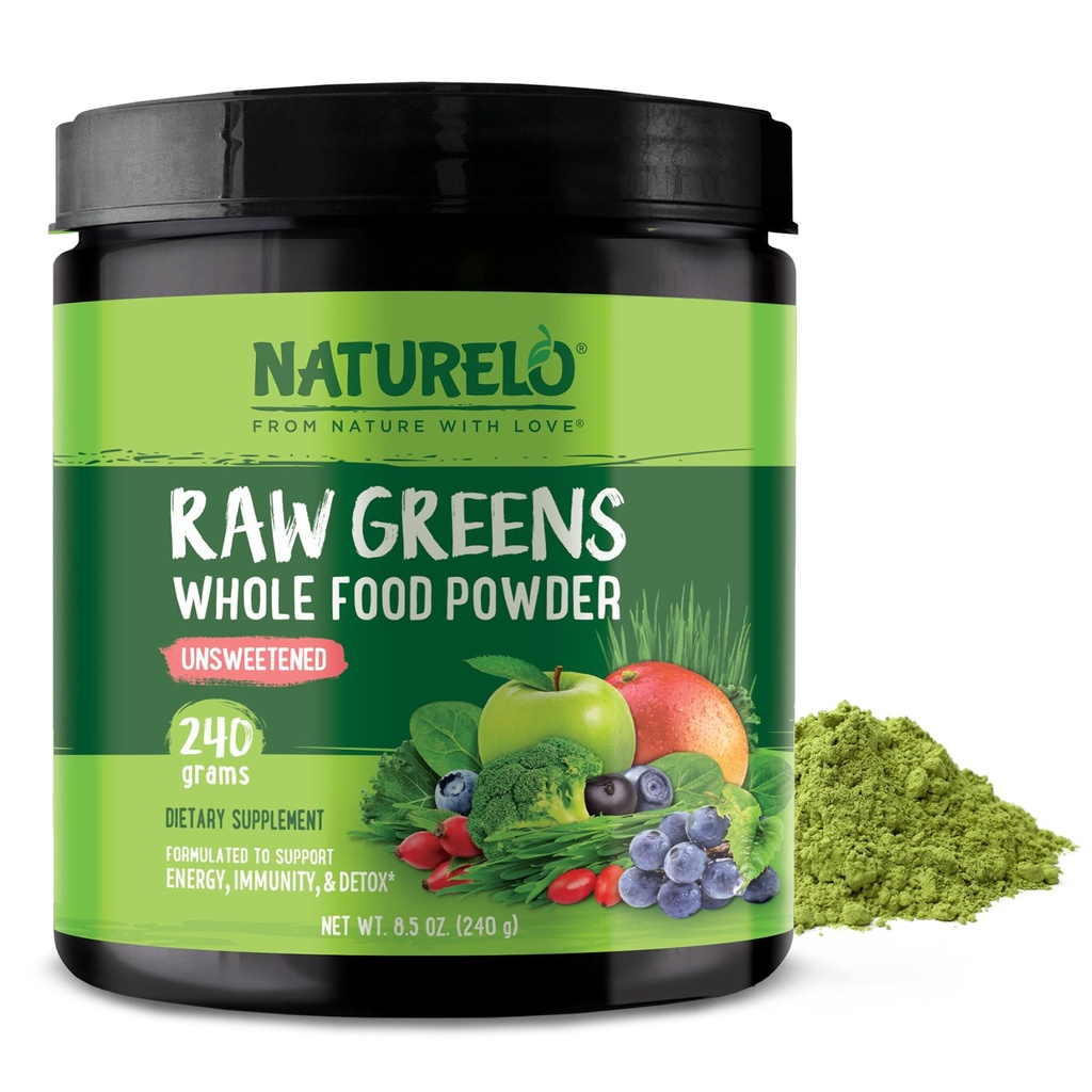 NATURELO Raw Greens Superfood Powder - Unsweetened - Boost Energy, Detox, Enhance Health - Organic Spirulina - Wheat Grass - Whole Food Nutrition from Fruits & Vegetables - 240 Grams