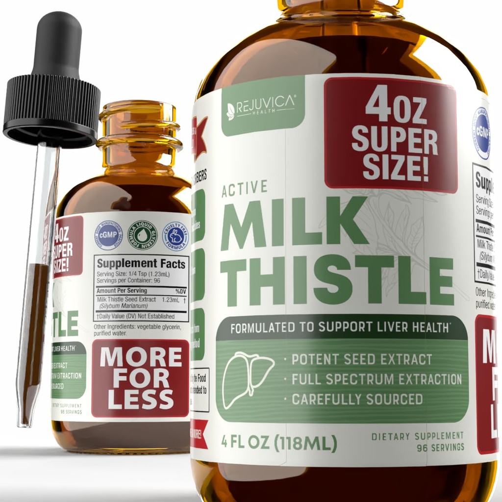 Rejuvica Health Active Milk Butle 4oz XL Süper Boyut - Gelişmiş Süt Butle Tohum Sıvı Ekstraksiyonu - Liver'ı Destekleyebilir - Vegan Sugar Free Non GMO Tincture