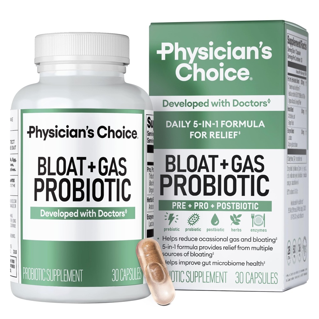 Doktor CHOICE Bloat & Gas Probiyotik 5-in-1 Proaktif Destek + Günlük Yardım - Digestion & Gut Health- Herbals, Digestive Enzymes, Post & Prebiyotiks - Gas Relief for Yetişkinler - Women & Men - 30ct