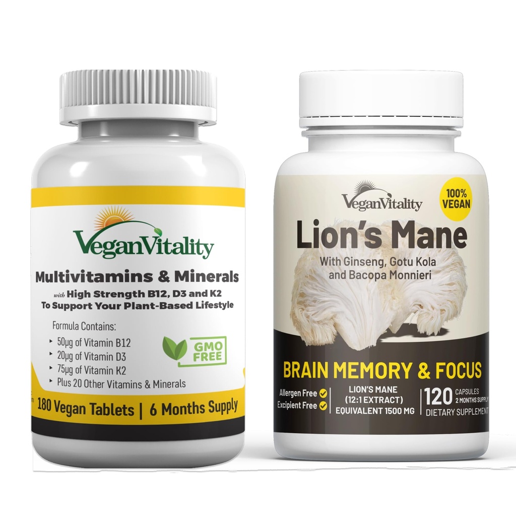 Vegan Vitality Brain Nutrition Sche - Lions Mane Nootropic Capsules ve Vegan Multivitamins. Yüksek Güç Santrali - Memory ve Focus ve Genel Sağlık için Vegans ve Vegetarians için