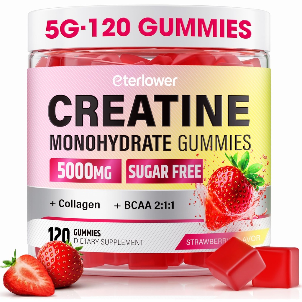 Kretine Monohidrat Gummies, Kadınlar ve Erkekler için 5gtine Kreat ve Kas Büyüme Desteği, Contains BCAA, Collagen, Sugar-Free, 120 Count