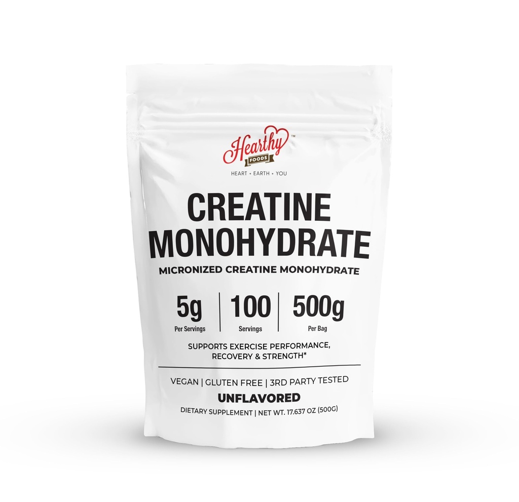 HEARTHY GÜCÜS KÜnlü Monohidrat Mikronized Toz 500G - 100 Hizmet, 5000 mg Yüzde (5g) - Erkekler ve Kadınlar için Kas Büyüme ve Kurtarma - UNFLAREDVO