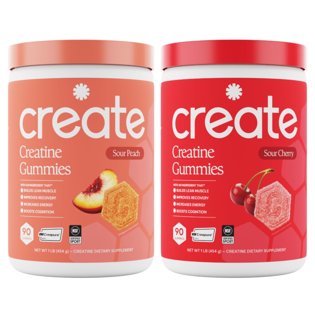 Kreatin Monohidrat Gummies - Peach Pump Duo - Sour Peach & Sour Cherry - Kadınlar ve Erkekler için Kretine Gummies, NSF sertifikalı, 3. Parti Test Edildi, Anti-Melting Formula, 180 Count (2-Pack)