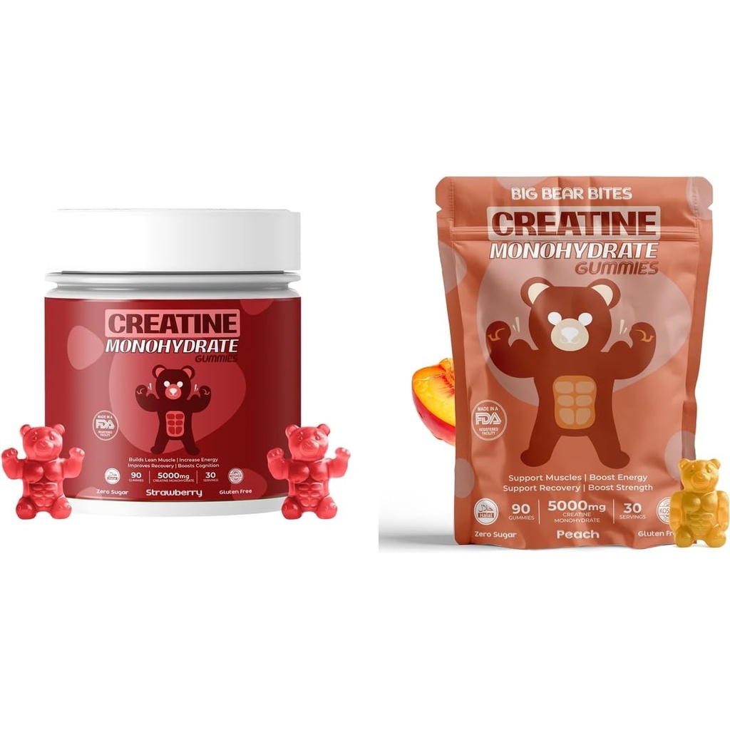 Tinatine Monohidrat Gummies Sche – Strawberry & Peach | 5000mg Per | Sugar-Free, Gluten-Free & Halal | 180 Gummies Total (2 x 90 Count) | Erkekler ve Kadınlar için