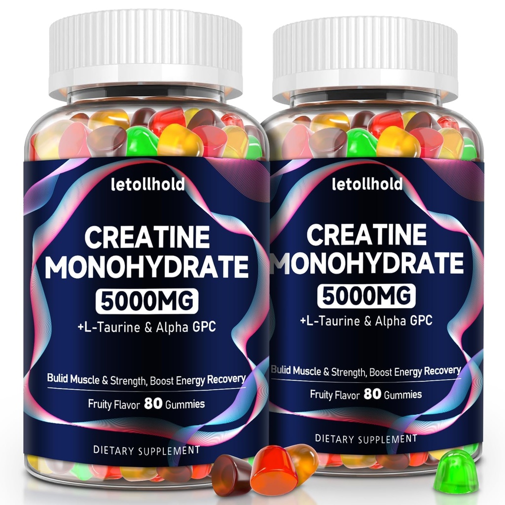 Creatine Monohydrate Gummies 5g for Women & Men - Creatine Gummies for Women Pre Workout Chewables with L-Taurine & Alpha GPC, Sugar-Free Muscle Builder, Energy Boost, Vegan Non-GMO (160 Count)
