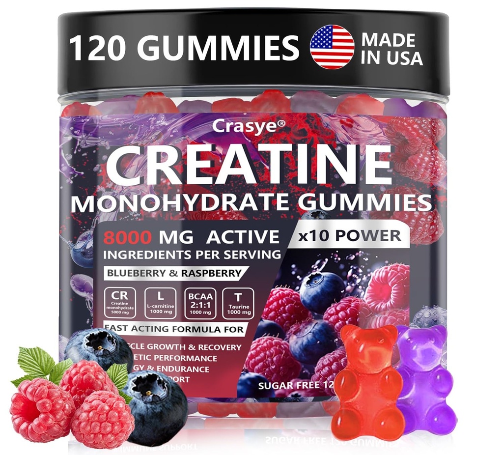 Tinatine Monohidrat Gummies Complex 8000 MG for Men Women, Kretine Gummy with Taurine BCAA for Energy Support and Muscle Strength, Sugar Free Pre-Workout Supplement Supplement