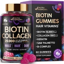 Biotin Gummies with Collagen - Hair Growth Support Skin, & Nail Strength - for Women & Men - Biotin 10000mcg | Keratin | Hyaluronic Acid | B-Complex | Saw Palmetto - Sugar-Free, Mixed Berry - 60 Gummy