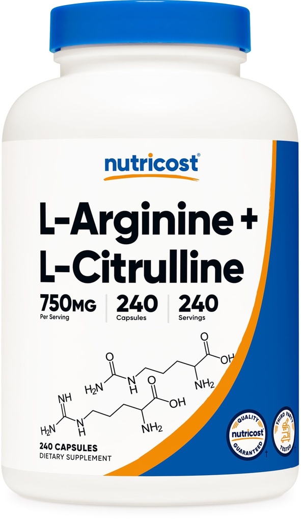 Nutricost L-Arginine L-Citrulline Kompleksi 750 mg, 240 Capsules - Non-GMO