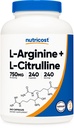 Nutricost L-Arginine L-Citrulline Kompleksi 750 mg, 240 Capsules - Non-GMO