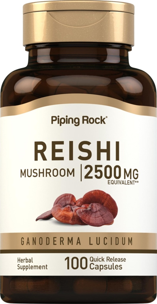Piping Rock Reishi Mushroom Capsules | 2500 mg | 100 Pills | Standardized Herbal Extract Supplement | with Ganoderma Lucidum | Non GMO, Gluten Free